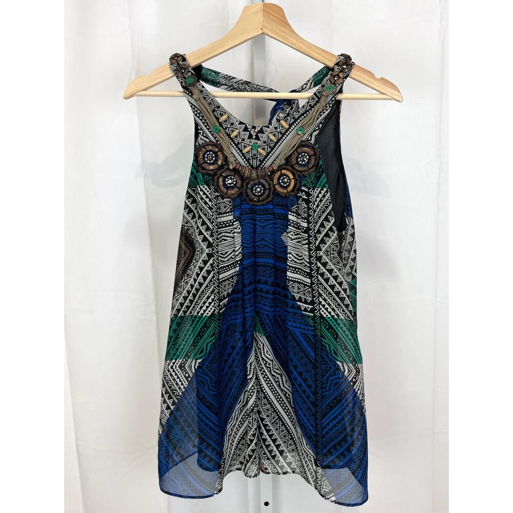 ECI Womens Sz 4 Beaded Sleeveless Top Printed Blouse Tank Tie Halter Multicolor